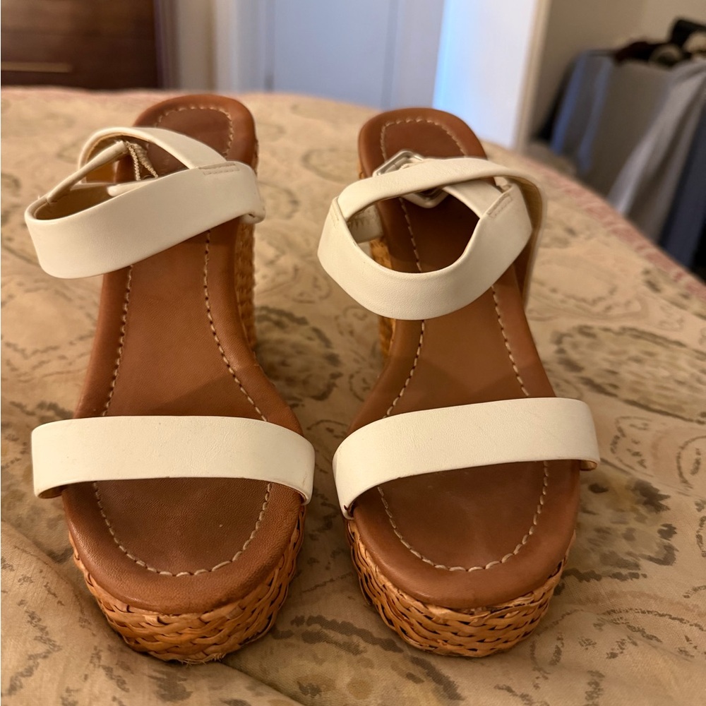 Kate Spade White and Tan Wedge Sandals